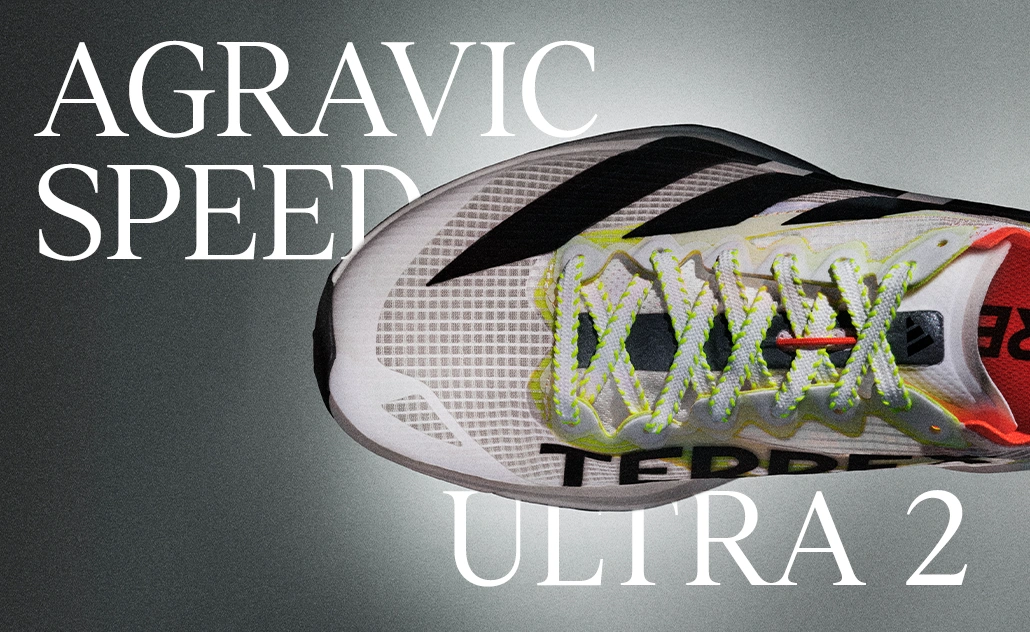 Top view detail of an adidas trail running shoe, with the text “Agravic Speed Ultra 2.” (Photo)